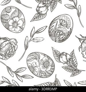 Easter seamless pattern with flower eggs and rose black and white background. Hand drawn vector design in vintage sketch style. Nature print ideal for wallpaper. Perfect for holiday fabric and paper. Stock Vector