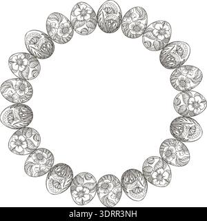 Easter rustic wreath with floral painted eggs in vintage sketch style. Hand drawn vector decorative festive design. Graphic circle frame for greeting card template. Perfect for spring holiday season. Stock Vector