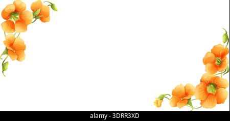 Vector illustration of floral corner frame with orange nasturtium flowers, buds and green leaves on white background. Botanical design for wedding Stock Vector