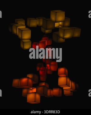 a lighting installation featuring an arrangement of glowing cubes floating in the dark background, physical cubes create dynamic, interactive visual d Stock Photo