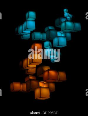 a lighting installation featuring an arrangement of glowing cubes floating in the dark background, physical cubes create dynamic, interactive visual d Stock Photo
