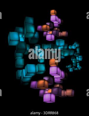 a lighting installation featuring an arrangement of glowing cubes floating in the dark background, physical cubes create dynamic, interactive visual d Stock Photo