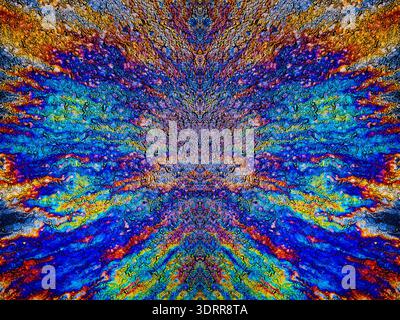 a photograph of an oil or petrol stain on a wet asphalt or pavement surface, a phenomenon called iridescence. interference of light waves reflecting o Stock Photo