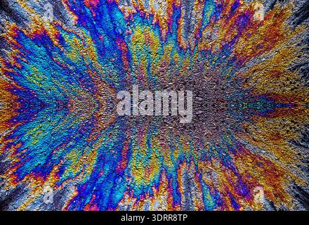 a photograph of an oil or petrol stain on a wet asphalt or pavement surface, a phenomenon called iridescence. interference of light waves reflecting o Stock Photo