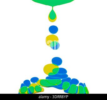 a striking abstract depicting the dynamic process of colored liquid drops falling, merging, and interacting. The artwork showcases a captivating displ Stock Photo