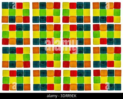 The items in the image are multi-colored square glass mosaic tiles or craft glass squares, These are often sold in bulk for use in various arts and cr Stock Photo