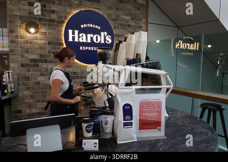 Brisbane, Queensland, Australia – Barista preparing coffee at Harold’s Espresso café in the Brisbane CBD. Stock Photo