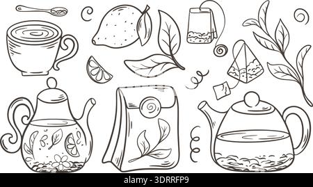 Tea set in doodle sketch style. Tea cups, teapot, tea leaves, lemon, tea bags, hand drawn collection. Tea party, vector graphics Stock Vector