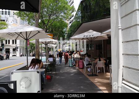 Brisbane, Queensland, Australia – Outdoor café seating along Edward Street in the Brisbane central business district during a weekday. Stock Photo