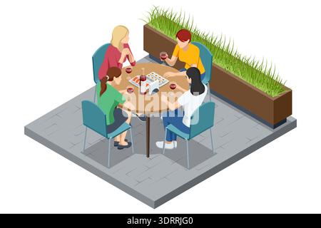 Friend at cafe table. Four woman at cafe table. Isometric cafe illustration with four woman at round table, wine glass and sushi plate. Outdoor Stock Vector