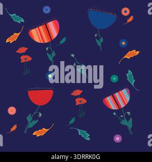 Colorful Folk Floral Seamless Pattern on Dark Background Stock Vector