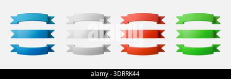 3D ribbon set with colorful banners and labels. Realistic red, blue, white bands for titles, awards, promotions. Vector design elements isolated on Stock Vector