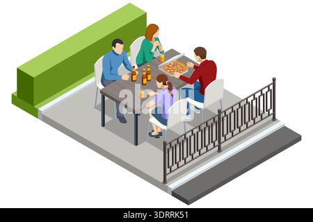 Family with pizza at outdoor cafe. Isometric outdoor cafe scene with family at table, pizza and beer. Urban terrace dining concept with fence and Stock Vector