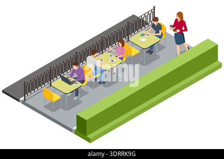 Outdoor cafe with laptop and waiter. Isometric outdoor cafe with customer at table, laptop and coffee. Street terrace restaurant scene with waiter and Stock Vector