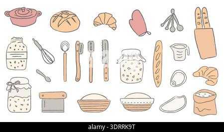 Hand-drawn sourdough bread baking set with artisan kitchen tools and pastries. Vector illustration isolated on white background Stock Vector