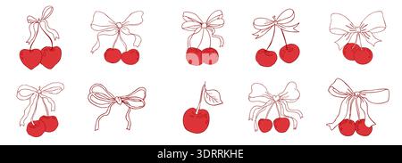 Coquette cherry with bow set. Cute cherries with ribbon. Elegant girly y2k for posters, cards, logo, printing. Aesthetic, trendy pink girly berry crafts bows coquette,. Vector illustration Stock Vector