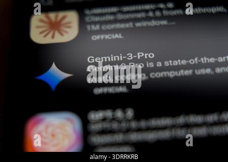 Gemini-3-Pro mobile application interface on a smartphone screen, showcasing Google state-of-the-art multimodal AI model designed for advanced math, c Stock Photo