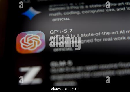 GPT-5.2 mobile application interface on a smartphone screen, showcasing OpenAI's state-of-the-art AI model designed for advanced reasoning, real-world Stock Photo
