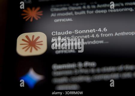 Claude-Sonnet-4.6 mobile application interface on a smartphone screen, showcasing advanced AI language models by Anthropic with 1M context window for Stock Photo