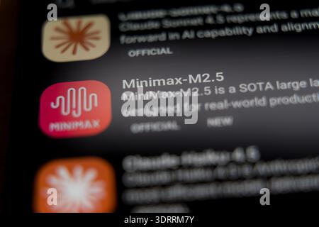 MiniMax-M2.5 mobile application interface on a smartphone screen, showcasing a state-of-the-art large language model designed for real-world productiv Stock Photo