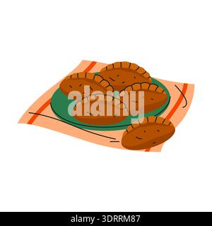 Vector traditional Ukrainian potato pies. Slavic pastry with dough filled with mashed dish. Meal appetizer. Cooking icon or nutrition symbol. Folk snack for dinner or lunch. Culinary and gastronomy. Stock Vector
