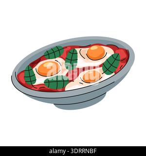 Shakshuka food or egg Arabic dish. Vector Arabian meal with yolk in stew or spicy tomato sauce. Breakfast nutrient or brunch cuisine, vegetarian dinner. Cooking recipe insignia, culinary element. Stock Vector