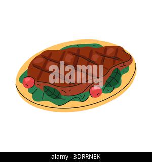 Vector steak on plate. American meat or beef food. Dish for dinner or lunch. Sliced grilled meal portion isolated. Traditional America cuisine. Restaurant serving clipart. Cooking or culinary, cuisine Stock Vector