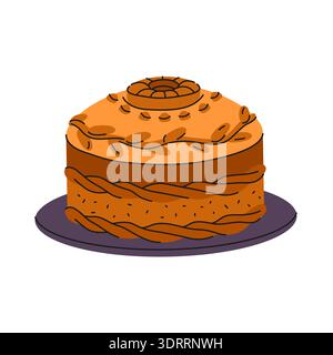 Ukrainian wedding cake or korovai bread. Vector baked loaf for ceremony or celebration. Round braided festive food with ornate decorations. Pastry or bakery dessert. Meal for family holiday. Rituals. Stock Vector