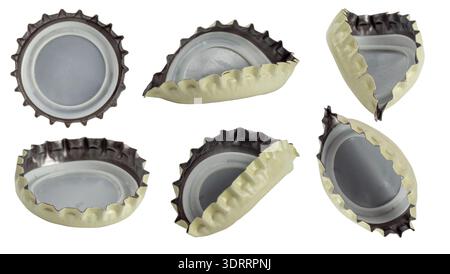 Collection of used real beer or lemonade bottle cap, metallic lid for glassware bottle of drink, isolated on transparent background. Stock Photo