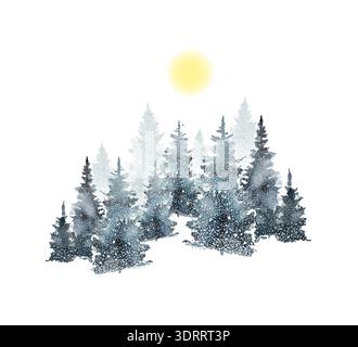 Watercolor landscape of fir trees in the snow. hand drawing. Not AI, Vector illustrations Stock Vector