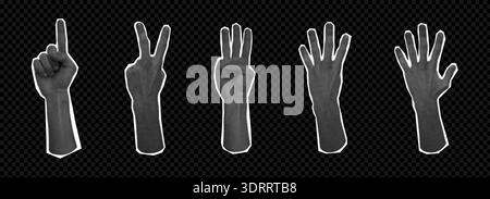 Hand set halftone collage with gesture calculation, different finger numbers, interactive communication signs. Hands show one, two, three, four and five. Vector illustration Stock Vector