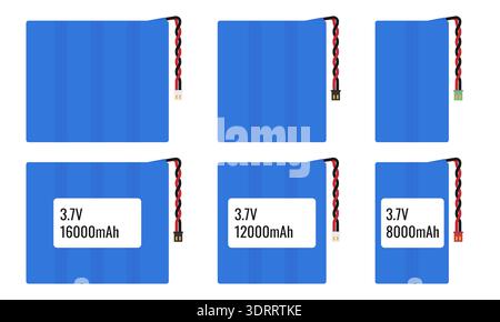 3.7V Lithium Polymer battery packs isolated on white background. Vector power cell icons for technical manuals, drone assembly guides, RC hobbyist inf Stock Vector