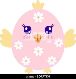 Pink Easter chick character decorated with white daisies and big blue eyes.  Stock Vector