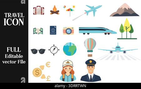 Traveling Icon Pack with Colorful icon set of travel-related illustrations including planes, luggage, landmarks maps, passports, and adventures Stock Vector