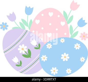 Easter composition with three decorated pastel eggs and spring flowers. Festive holiday illustration for greeting cards and decor. Stock Vector