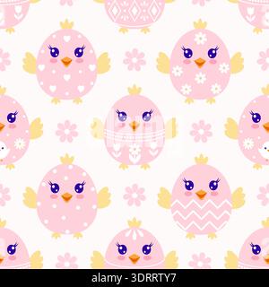 Seamless pattern with pink Easter chicks and flowers on light background. Kawaii spring design for kids and nursery textiles. Stock Vector
