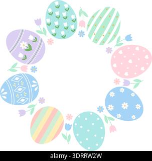 Round Easter wreath made of colorful patterned eggs and small spring flowers. Festive floral frame for holiday greetings Stock Vector