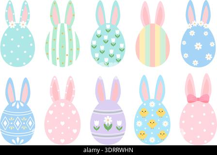 Collection of Easter eggs with bunny ears in pastel colors. Stock Vector