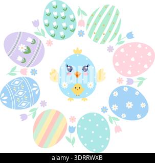 Round Easter wreath of colorful patterned eggs and flowers with a cute blue chick in the center. Stock Vector