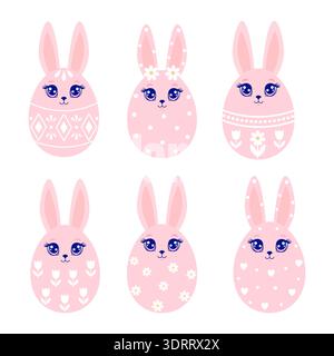 Pink Easter bunny eggs with long ears and floral patterns. Kawaii rabbit characters for spring holiday and nursery decor. Stock Vector