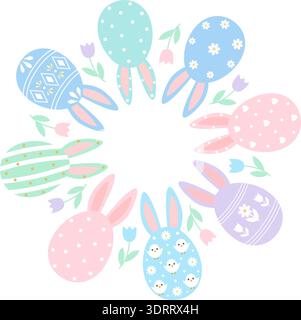 Round Easter wreath of eggs with rabbit ears and spring flowers. Festive floral frame for holiday greetings Stock Vector