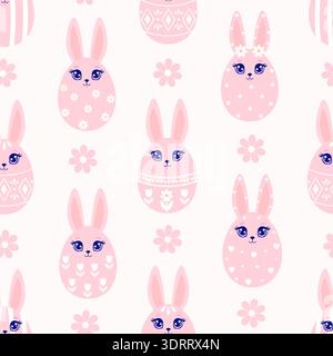 Seamless pattern with pink Easter bunny eggs and flowers on light background Stock Vector