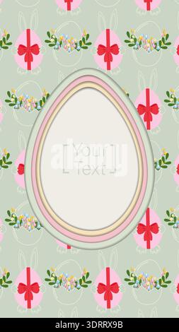 Egg shape with copy space on Easter pattern background with outline and flat decor. Paper cut design. Vector illustration Easter Greeting thematic cards or media posts template, banner, poster, invite Stock Vector