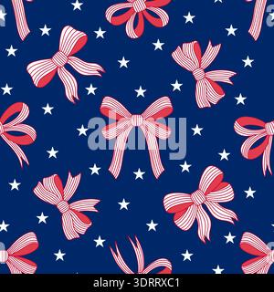 Patriotic seamless pattern with red striped bows and white stars on a dark blue background. Stock Vector