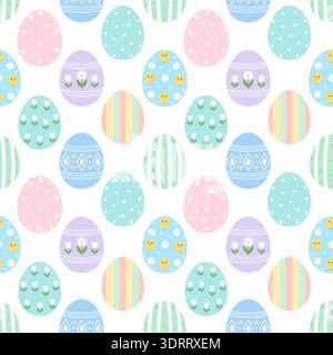 Seamless pattern with colorful Easter eggs, flowers, and chicks on a white background.  Stock Vector
