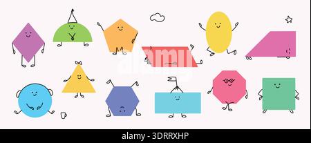 Cute Geometric Shapes Characters Educational Illustration Set Stock Vector