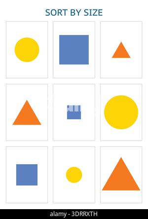 Size Sorting Printable Worksheet with Geometric Shapes Stock Vector