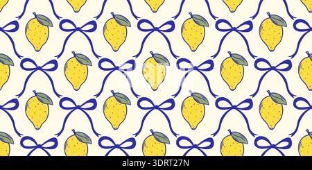 Seamless pattern with lemons in Mediterranean style. Blue bows create grid for citrus fruits. Summer nautical vibe print for textiles, paper Stock Vector