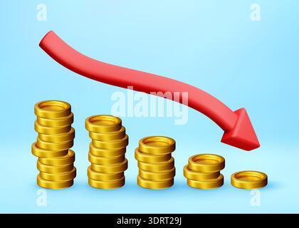 3D Red arrow and coins pointing down Stock Vector