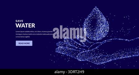 Vector illustration of water drop on human hand made from dots. Concept of water save and conservation, environmental protection, care and sustainabil Stock Vector